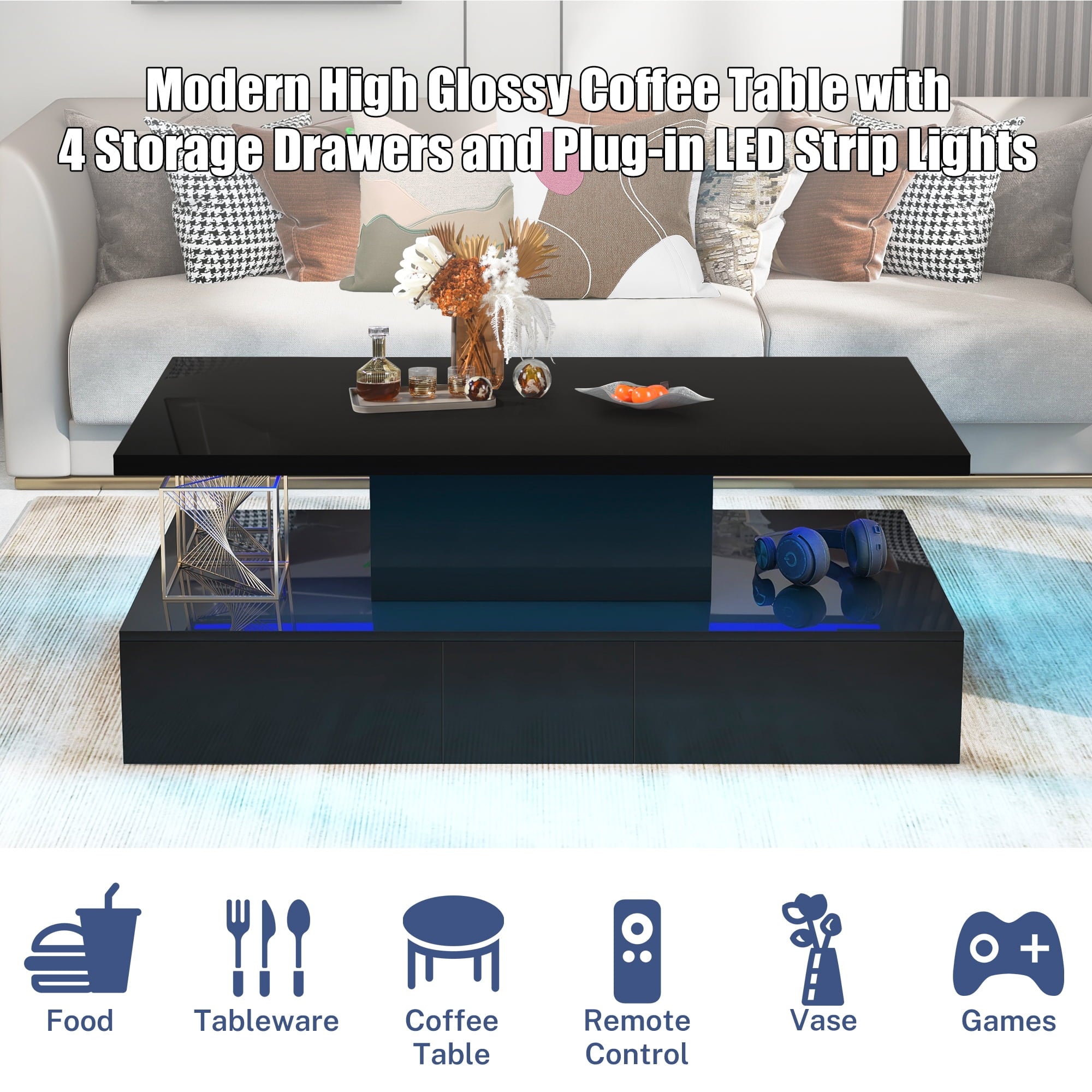 HSUNNS Black LED Coffee Table for Living Room, Modern High Glossy Center Table with 4 Drawers, Smart Cocktail Table Rectangle, Sofa Side Tea Tables with LED Lights, 40
