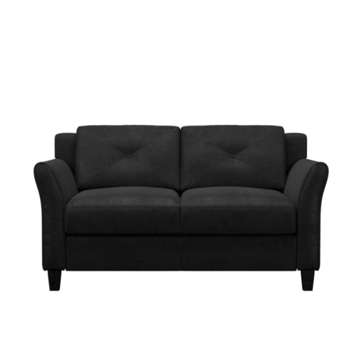 Modern 2 Seat Loveseat Couch Sofa Rolled Arms Cushions Upholstered Black Fabric