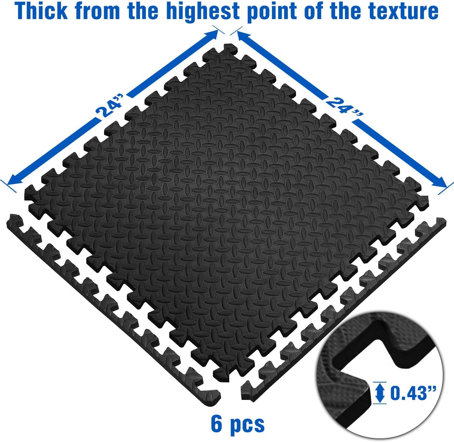 Yes4All 6 pcs Interlocking Exercise Foam Mats, Cover 24 sqft, 3/8 inch, Black Color