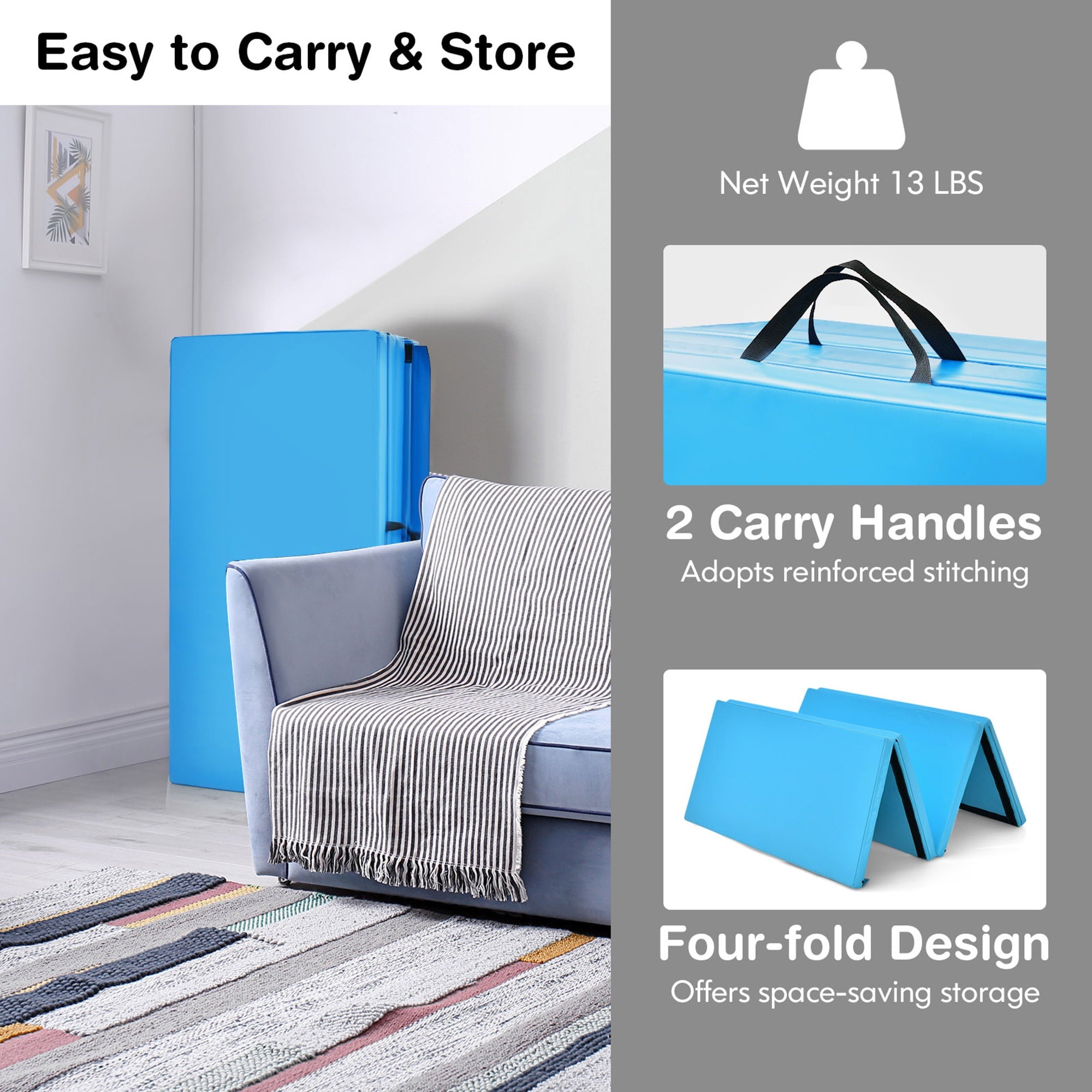 Gymax 8' x 4' x 2'' Folding Gymnastics Tumbling Mat Thickened Exercise Mat Blue