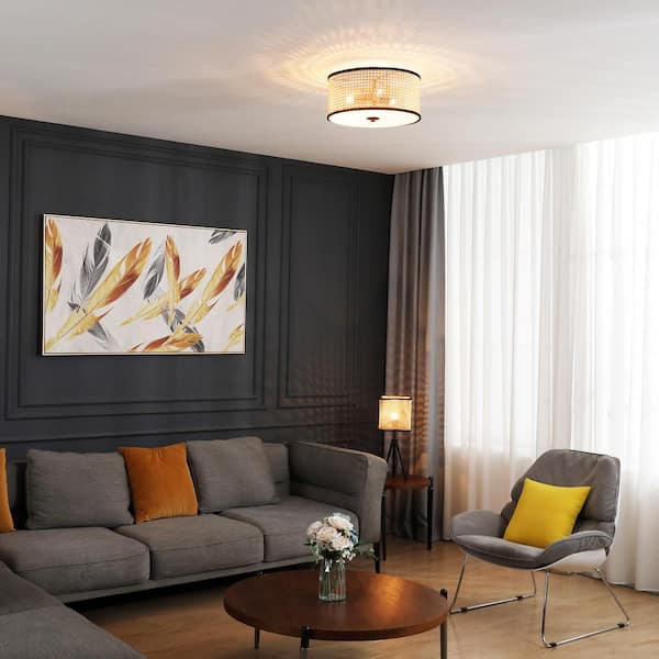 Nakuv 3-Light 15 in. Beige Modern Bohemian Flush Mount Fixture with PVC Rattan Shade and Velvet Stitched Rim