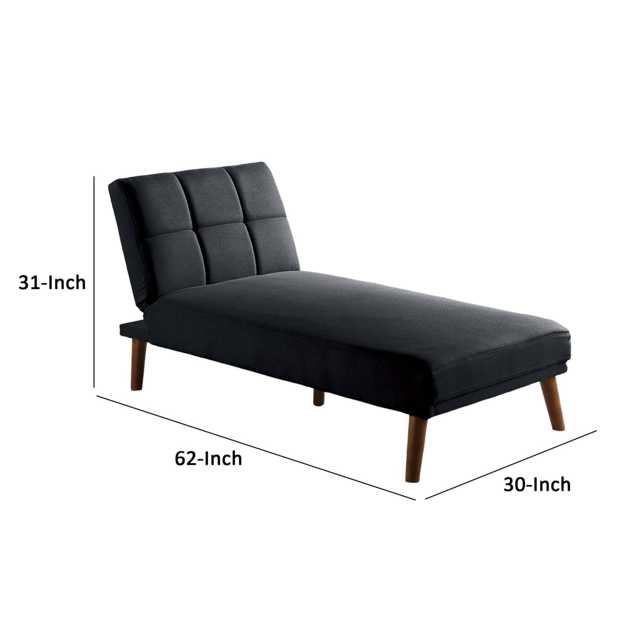 Gina 62 Inch Modern Adjustable Chaise, Square Tufting, Tapered Legs, Black