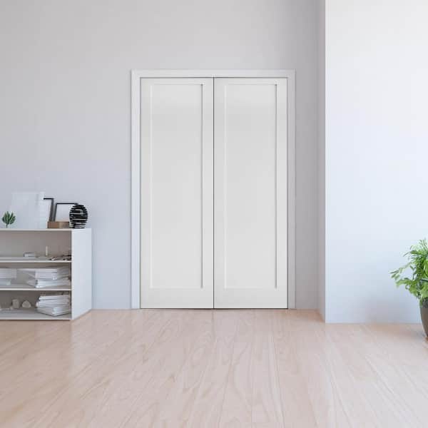 48 in. x 96 in. Craftsman Shaker 1-Panel Both Active MDF Solid Hybrid Core Double Prehung Interior French Door