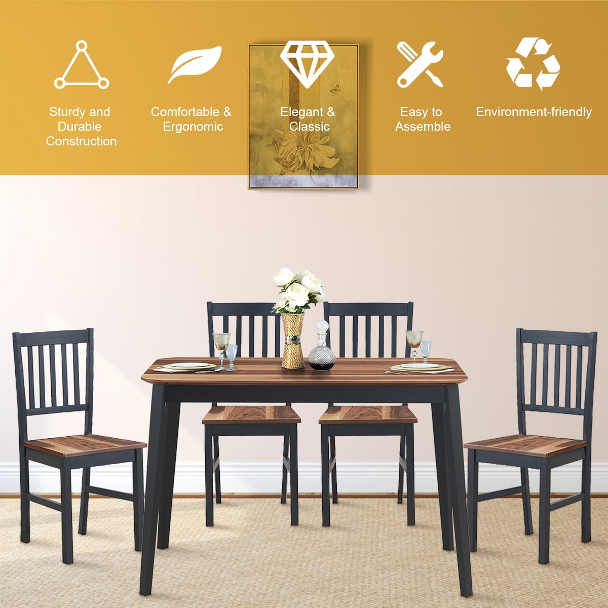 Set of 4 Dining Chair Kitchen Black Spindle Back Side Chair with Solid Wooden Legs