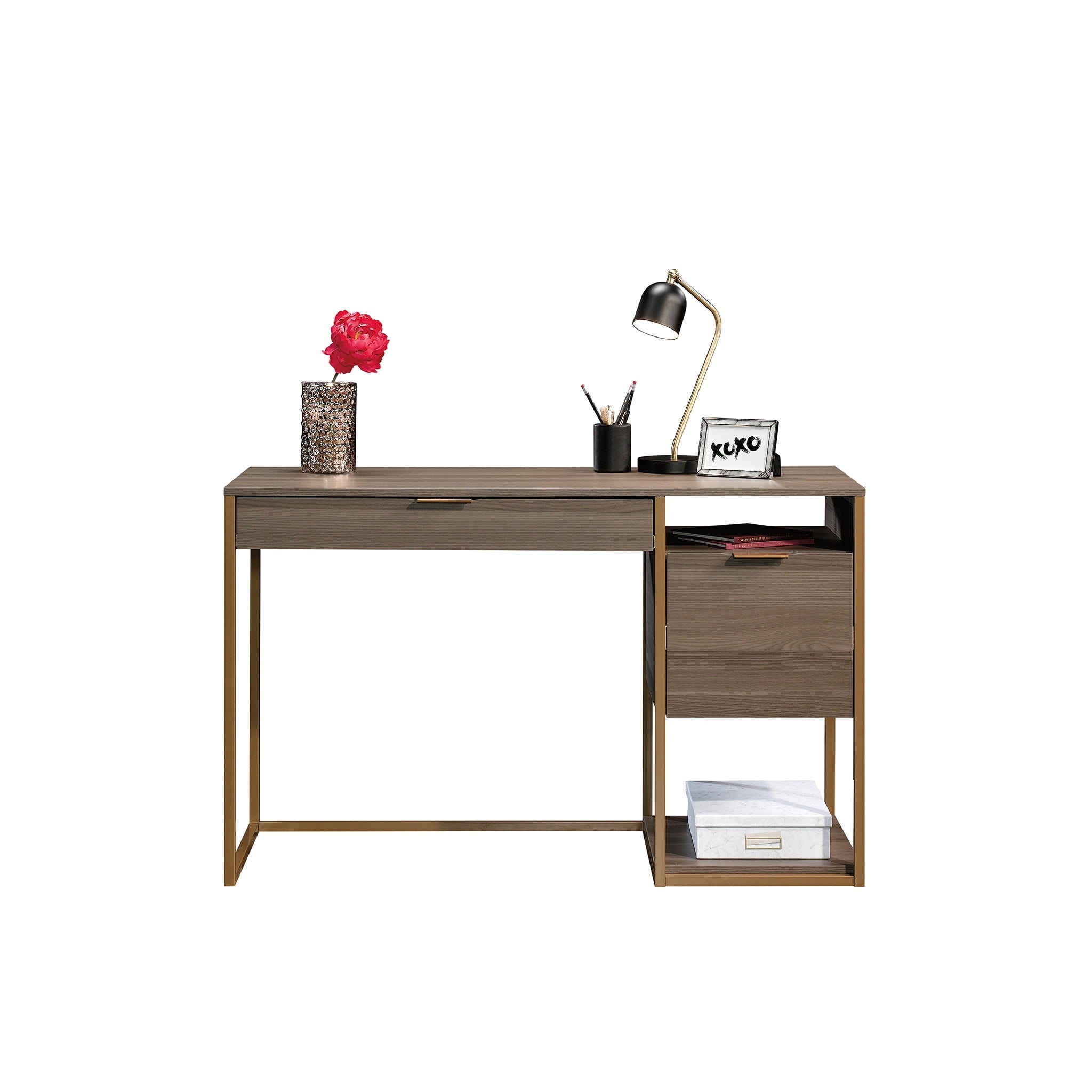 Sauder 426429 International Lux Single Pedestal Desk, Diamond Ash Finish