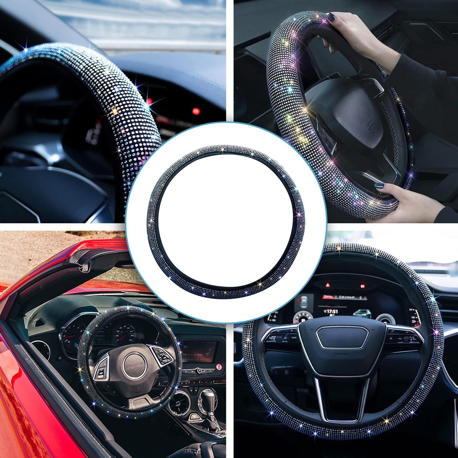 Crystal Bling Rhinestone Car Steering Wheel Cover Universal Fit 37 38cm Car SUV