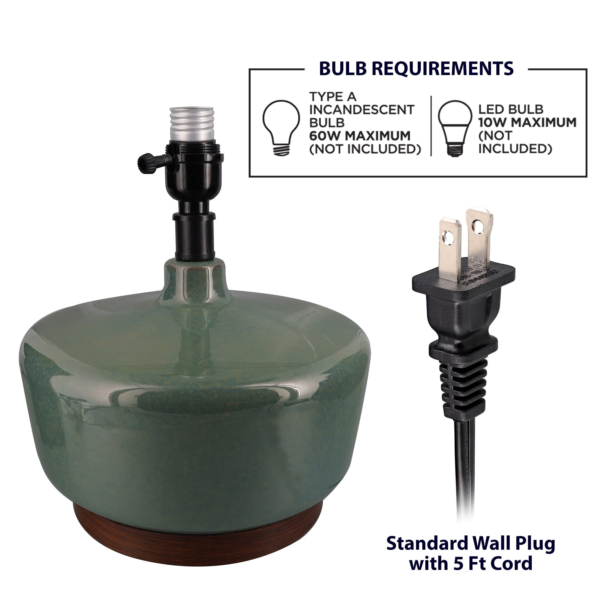 Better Homes & Gardens Modern Mid-Century Ceramic Table Lamp with Wood Base, 17