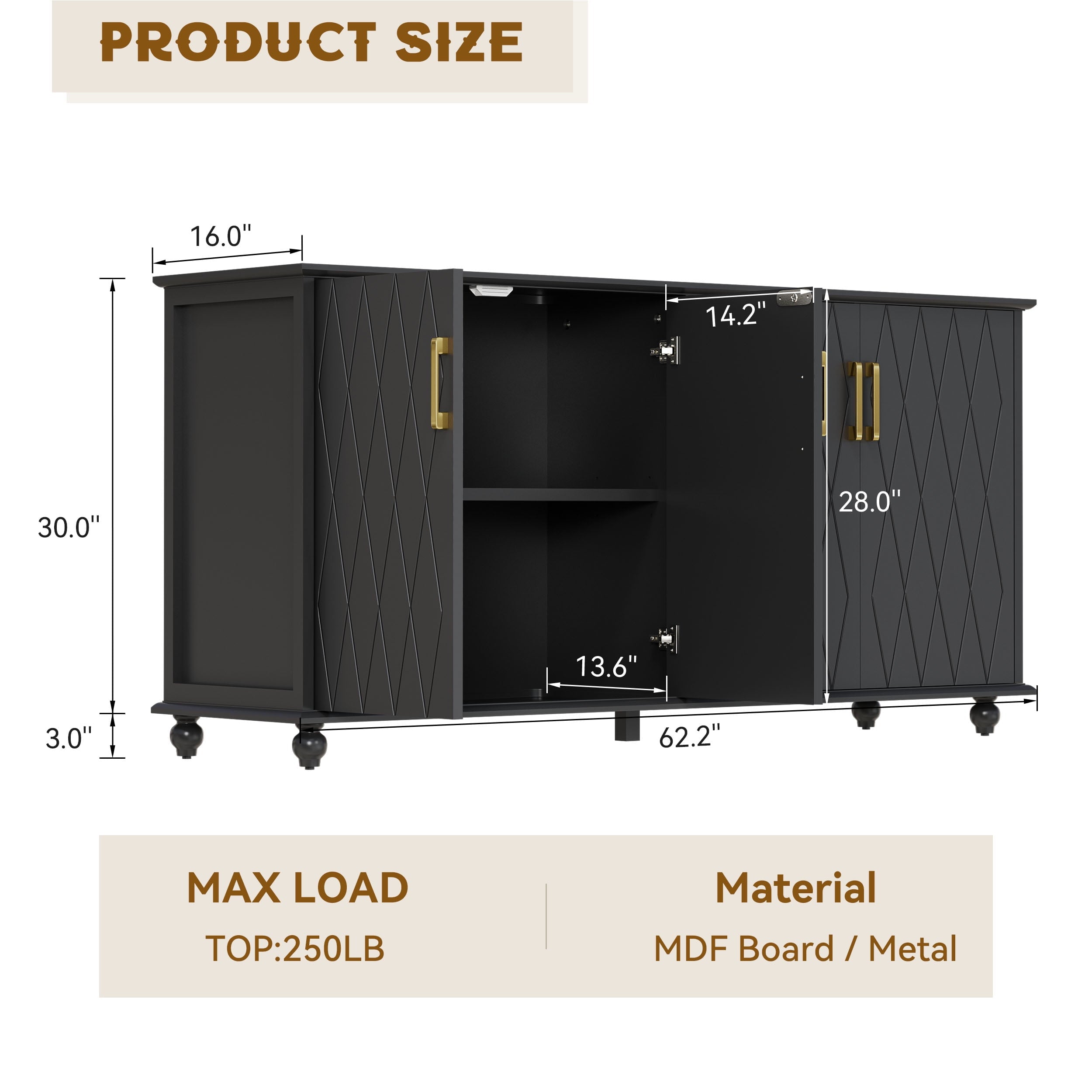 RULI Sideboard Buffet Cabinet Stand for Storage, 62 Inch Coffee Bar Cabinet with 4 Compartments, Kitchen Cupboard Console Table for Living Room, Dining Room, Black