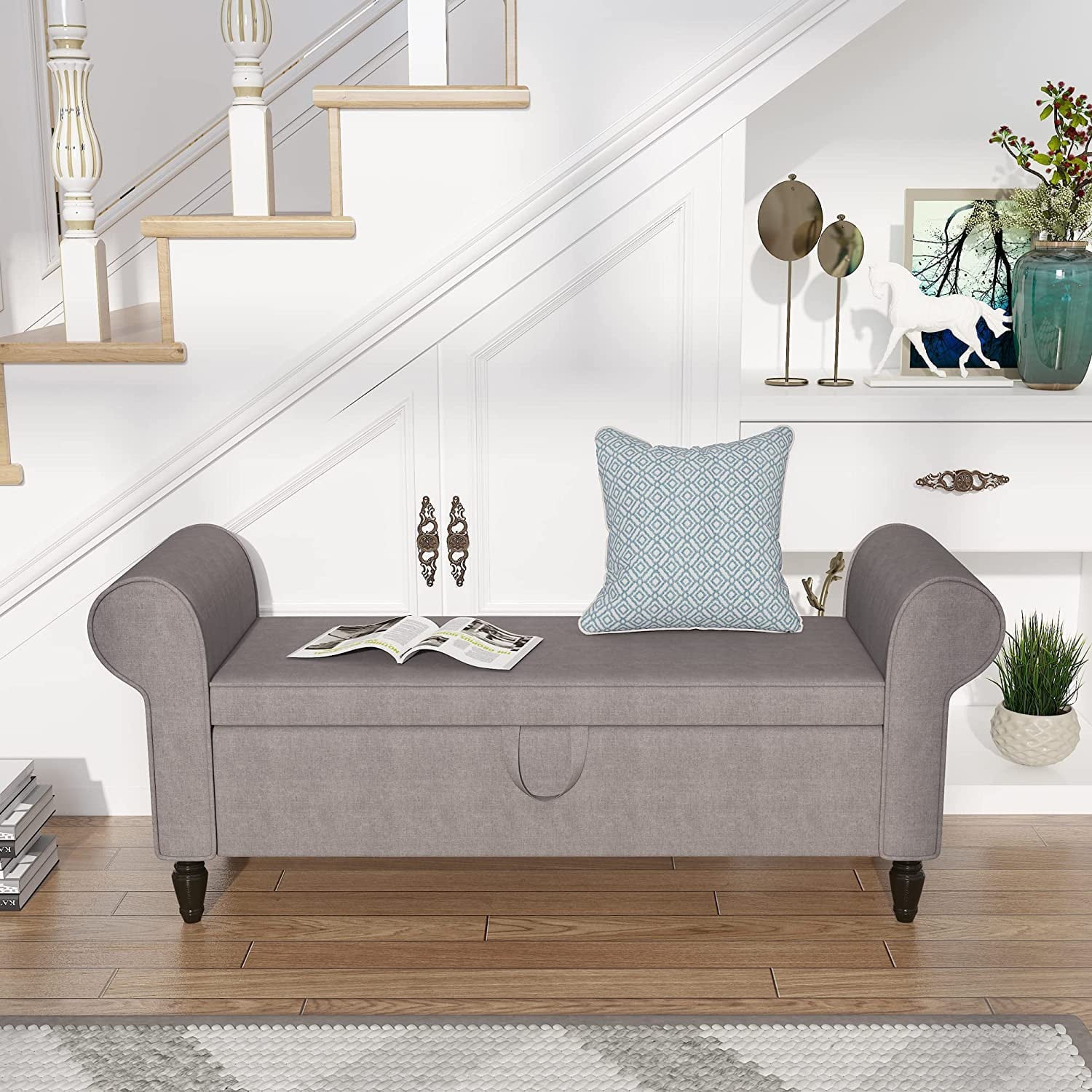 Andeworld Storage Bench with Arms Upholstered Bench Settee for Bedroom Living Room Gray