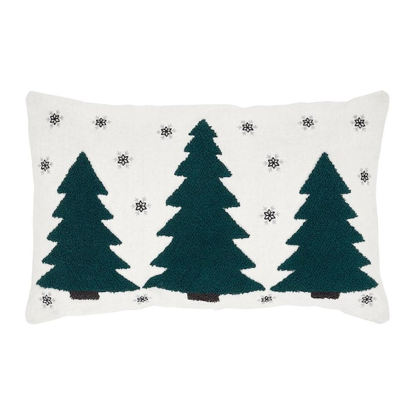 Pine Grove Plaid Green Soft White Black Christmas Embroidered Trees 14 in x 22 in Throw Pillow