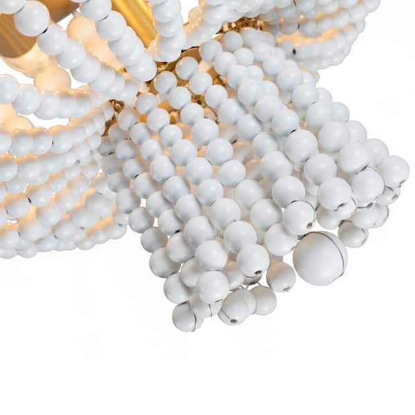 13.75 in. 3-Light Gold Flush Mount with White Wood Beads