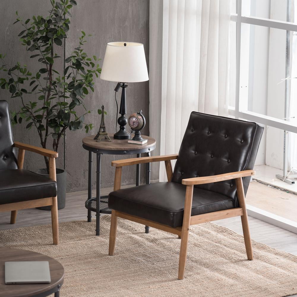 Ktaxon Mid Century Accent Chair, Wood Frame Armchair, Single sofa with Faux PU Leather Brown