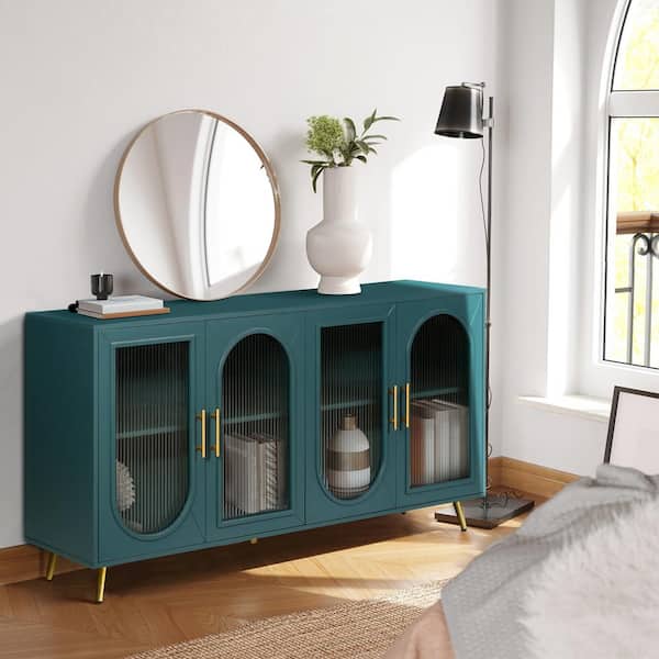 Antique Blue Wood 60 in. 4-Door Buffet Cabinet Console Table with Storage, TV Stand Sideboard with Adjustable Shelves