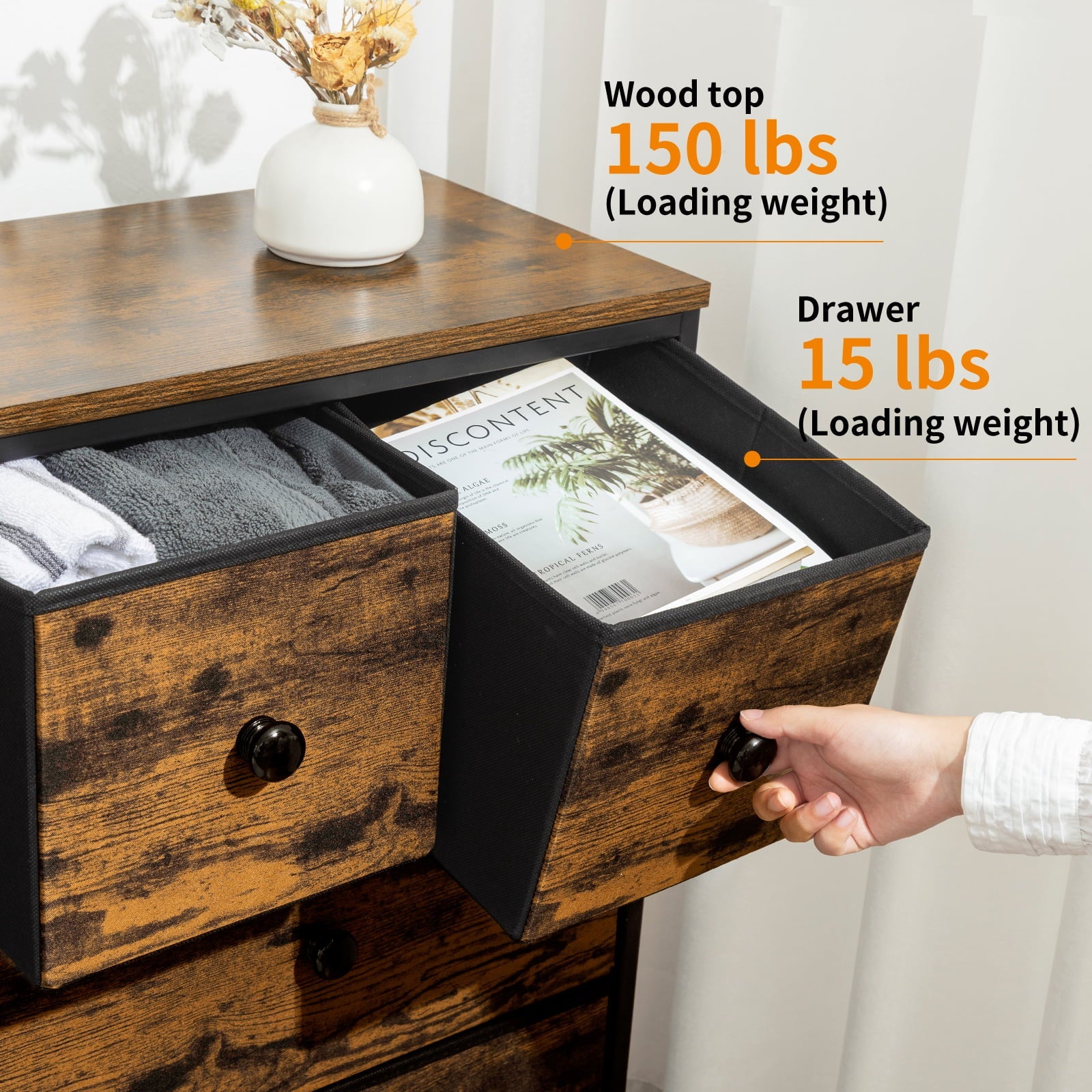 REAHOME Dresser for Bedroom 8 Drawers Dresser Fabric Dresser Chest of Closets Storage Units Organizer Tower Steel Frame Wooden Top Living Room (Rustic Brown)