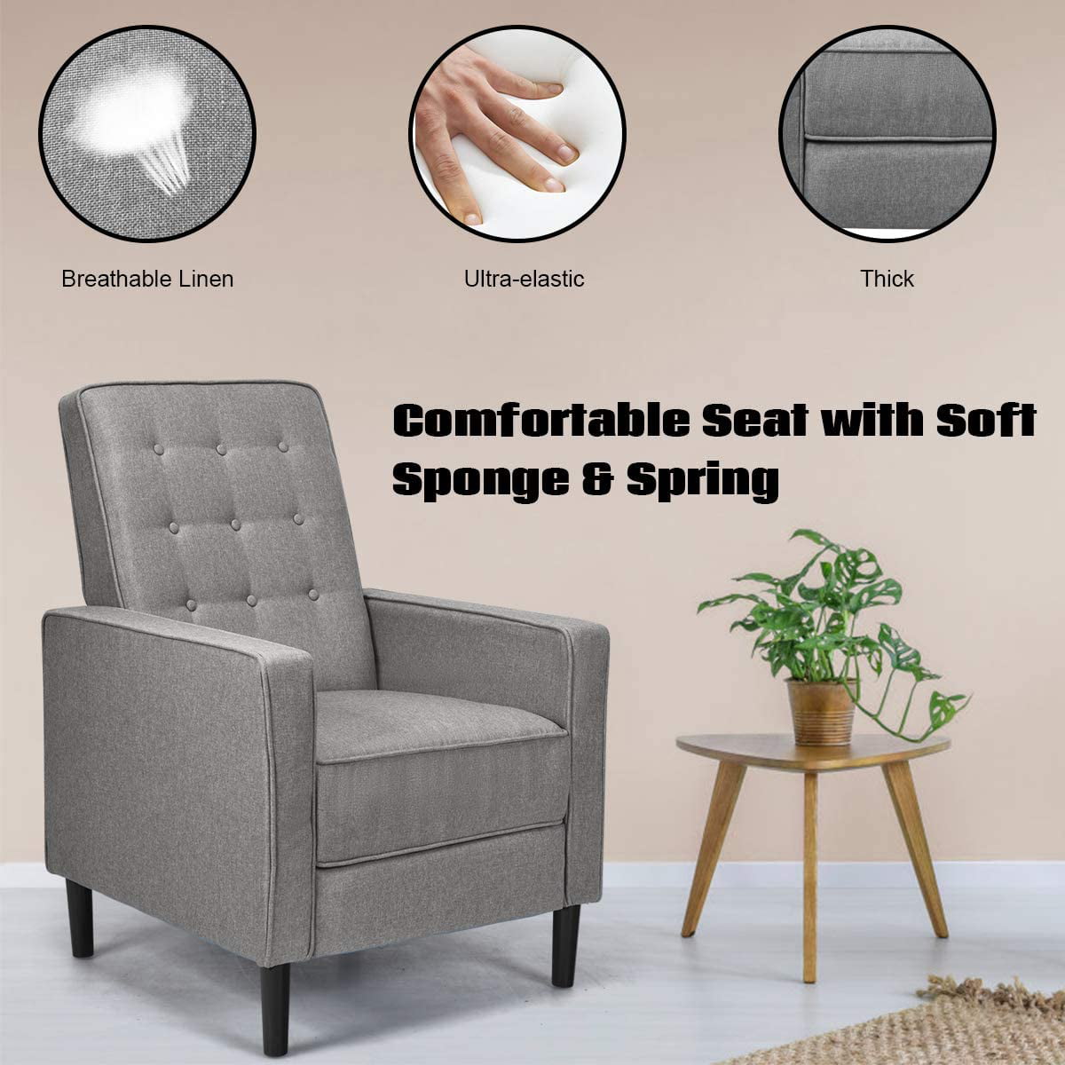 Giantex Push Back Recliner Chair, Fabric Accent Arm Chair with Ottoman Modern Recliner Sofa for Living Room Bedroom Home Office Club Chair (1 Pcs, Grey)