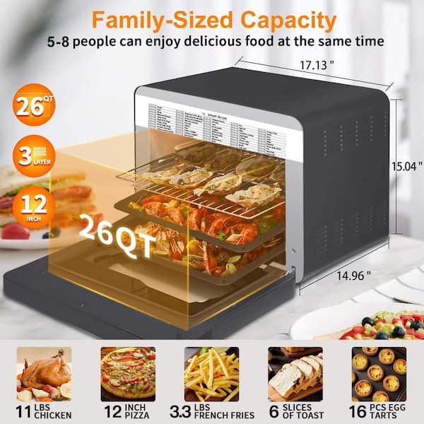 1650 W 6-Slice Black Stainless Steel Air Fryer Toaster Oven 26 qt. Steam Convection Countertop Oven 50-Cooking Presets