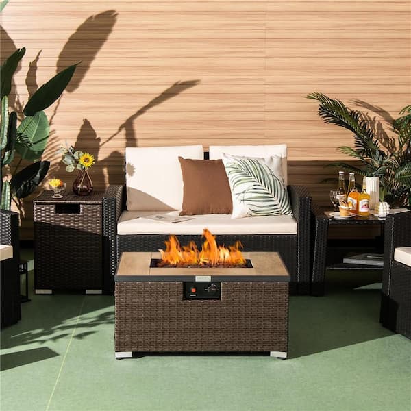 32 in.x 20 in. Propane Rattan Fire Pit Table Set w/Side Table Tank & Cover 40,000 BTU