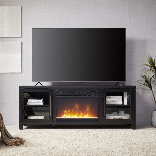 Henn&Hart 68" Black Grain/Glass Fireplace Insert TV Stand