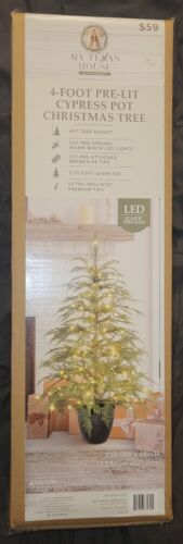 My Texas House Potted 4' Pre-Lit Cypress Artificial Christmas Tree 100 LED NEW!