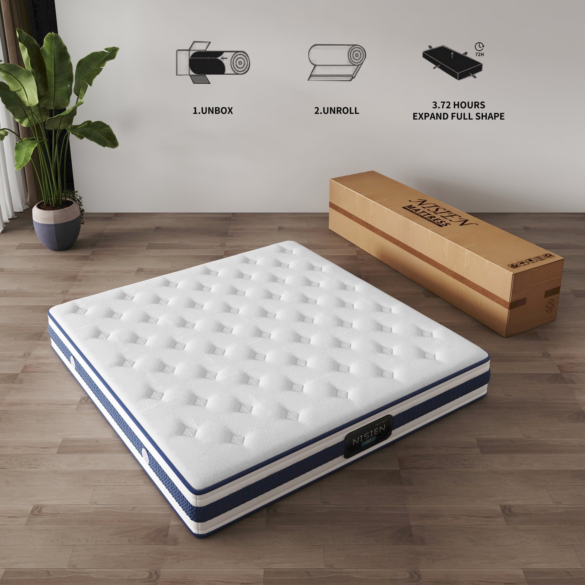 Queen Mattress, 10 Inch Innerspring Hybrid Mattress in a Box with Gel Memory Foam, Individually Wrapped Encased Coil Pocket Spring Mattress, Pressure Relief, Medium Firm Support,60