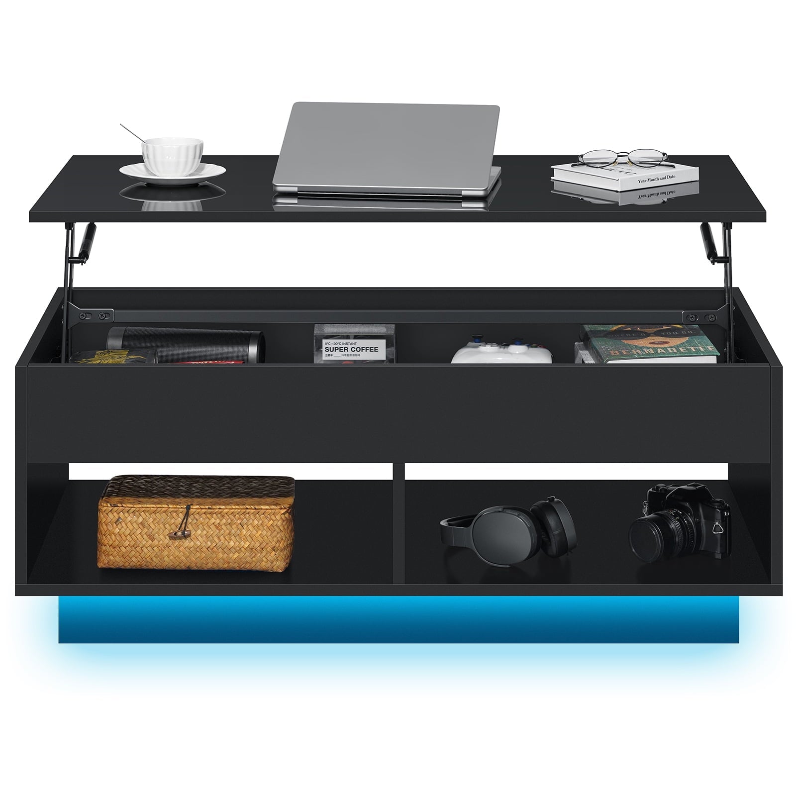 Hommpa Lift Top Coffee Table with Hidden Compartment High Gloss LED Coffee Tables Center Rising Cocktail Table for Living Room Accent Furniture Black Finish