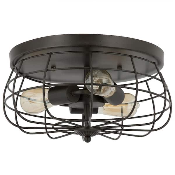 15 in. Industrial 3-Light Oil Rubbed Bronze Metal Cage Flush Mount