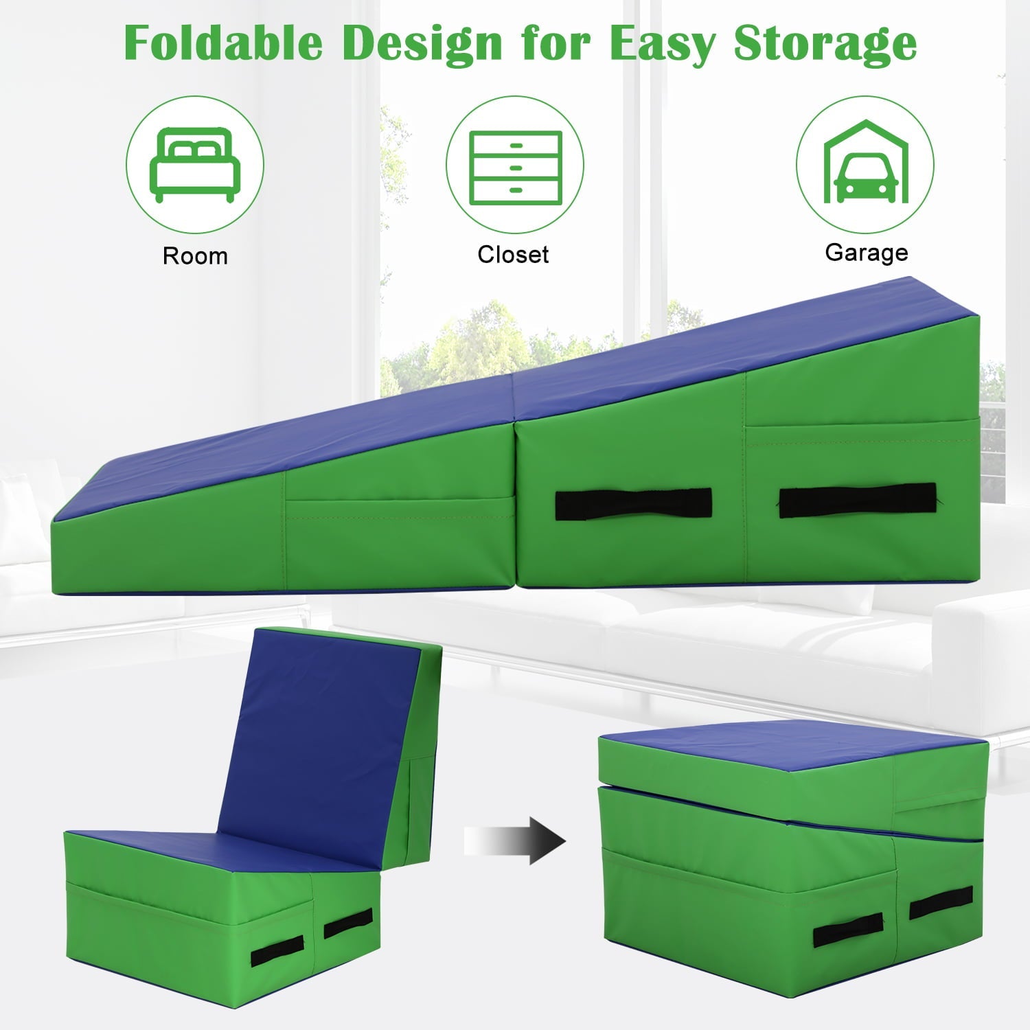 YRLLENSDAN 48x24 inch Large Incline Gymnastics Mat, Foldable Tumbling Mat for Gymnastics for Home Foam Incline Mat with Handle Gym Yoga Exercise Mat Indoor/Outdoor Incline Cheese Wedge