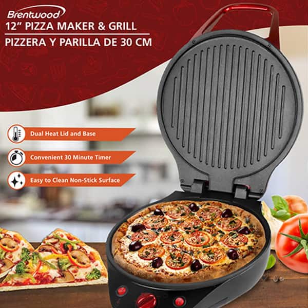 1200 Watt 12 Inch Non Stick Pizza Maker and Grill in Red