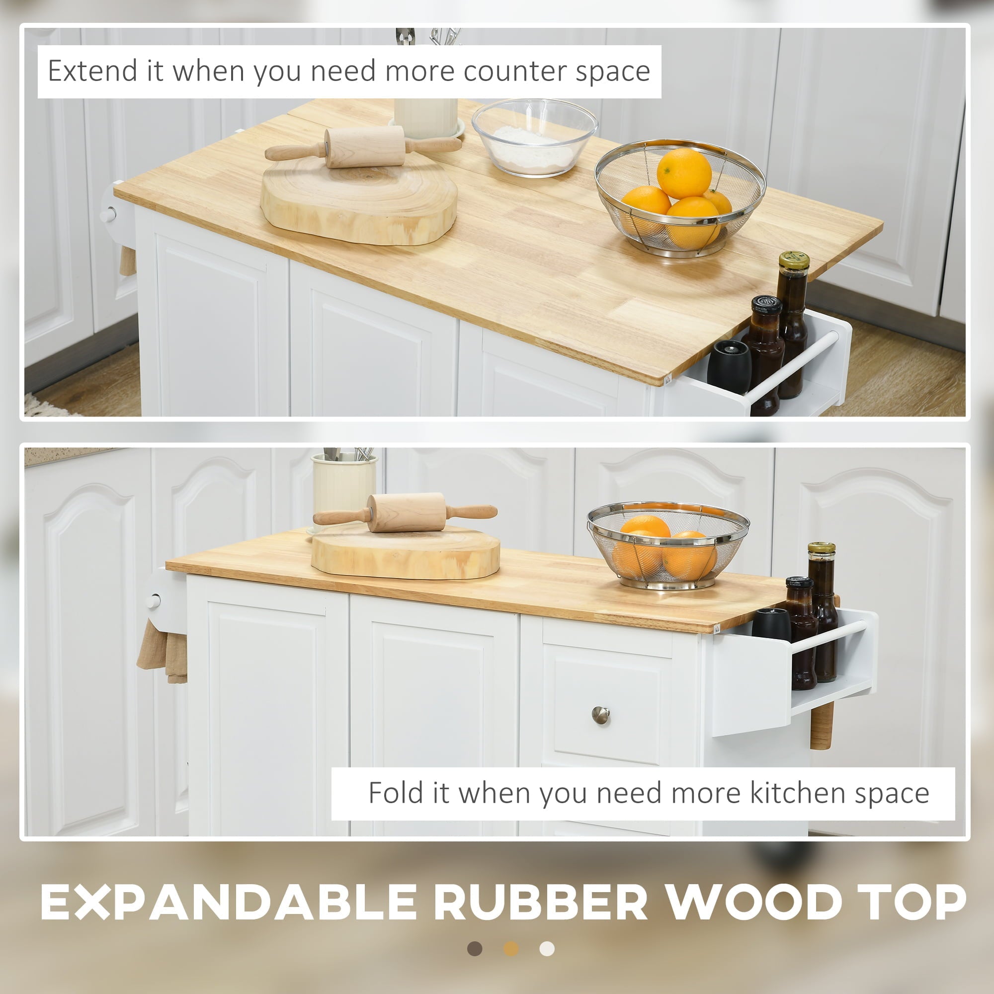 HOMCOM Kitchen Island on Wheels, Kitchen Cart with Drop Leaf, White