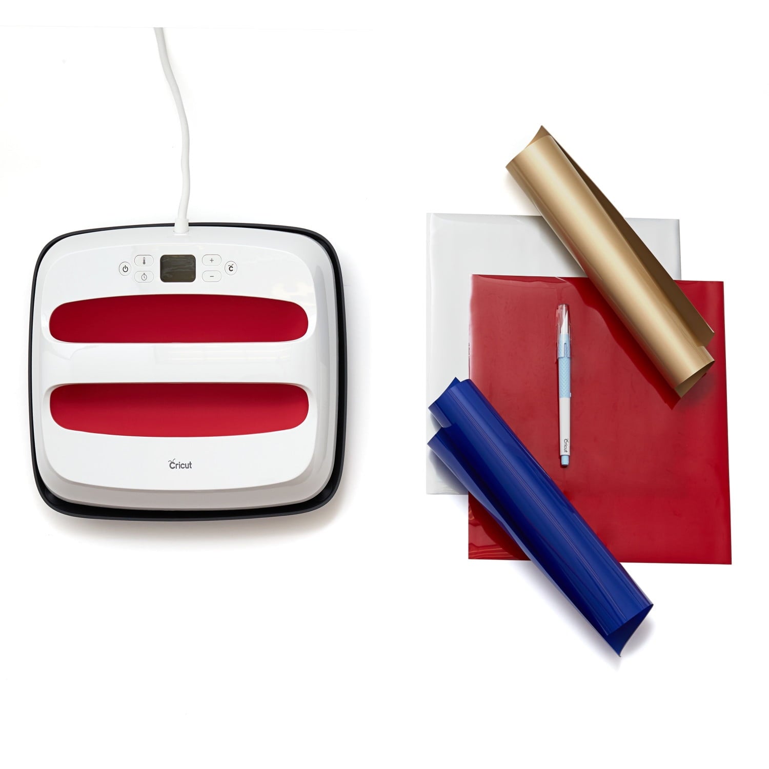 Cricut EasyPress 2 Raspberry Heat Press 12 in x 10 in –Rainbow and Metallic HTV and True Control Cutting Knife Bundle