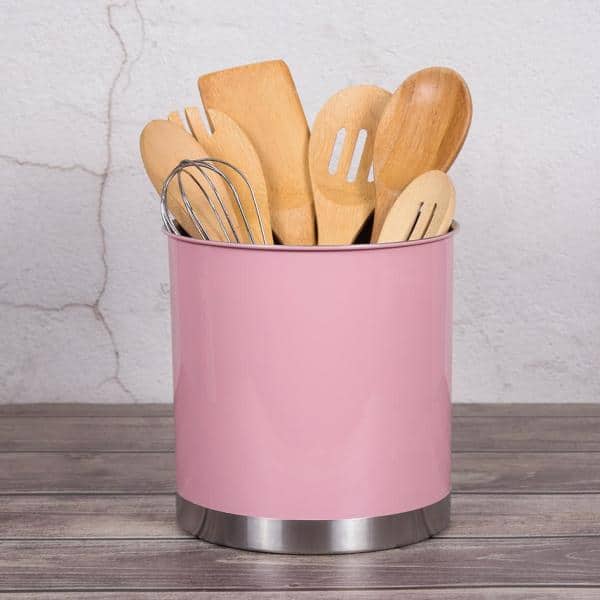 7 in. Dia m x 7 in. H Pink Large Heavy-Gauge Stainless Steel Tool Crock Utensil Holder Flatware Organizer