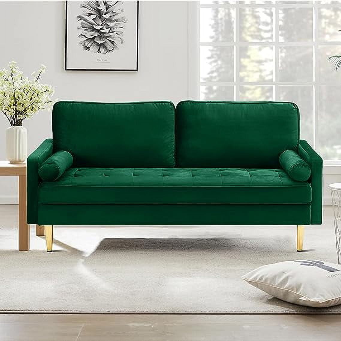 Velvet Loveseat Sofa, 66.9'' Mid Century Modern Small Love Seats with 2 Pillows & Golden Legs Comfy Couch for Living Room, Upholstered 2 Seater Sofa for Small Apartment