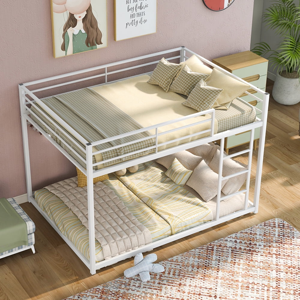 Full over Full Metal Bunk Bed, Upgraded Metal Bunk Bed Frame with Ladder and Safety Guard Rail, Heavy Duty Bunk Beds for Adults Teens Noise Free Space-Saving Easy to Assemble, White