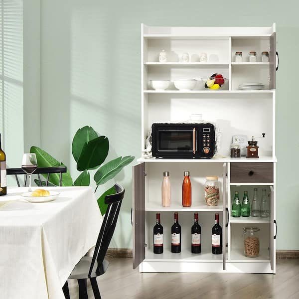 4-Door 71 in. White Kitchen Buffet Pantry Storage Cabinet with Hutch Adjustable Shelf