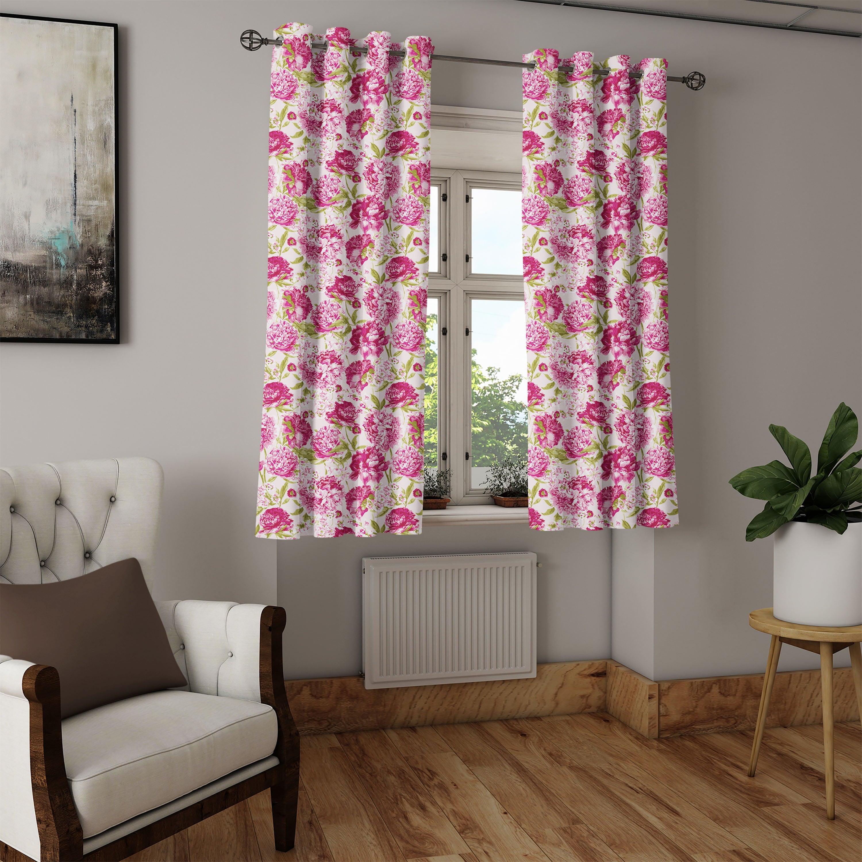 Flowers Grommet Curtain, Floral Theme Vintage Pink Peonies and Leaves Spring Nature Pattern, Decorative 2-Panel Window Drapes for Bedroom Living Room, 50