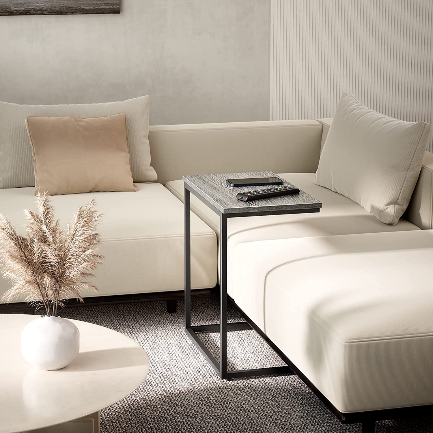 C Shaped End Table, Side Table for Sofa and Bed,27 inches High for Couch Slide Under,Grey/Rustic Brown