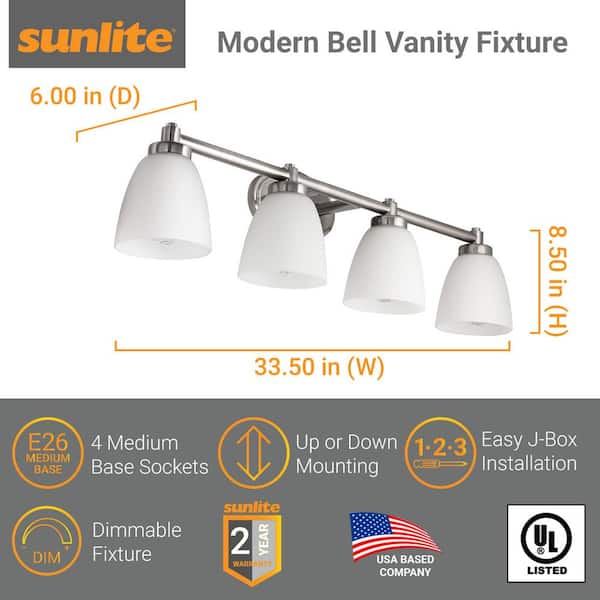 34 in. 4 Light Bar Brushed Nickel Bathroom Vanity Light Fixture with Bell Shaped Frosted Glass Shade