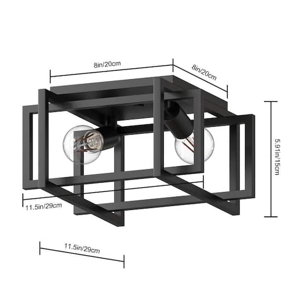 11.5 in. 2-Light Matte Black Square Frame Flush Mount Ceiling Light Fixture, Hallway Light Fixtures Ceiling