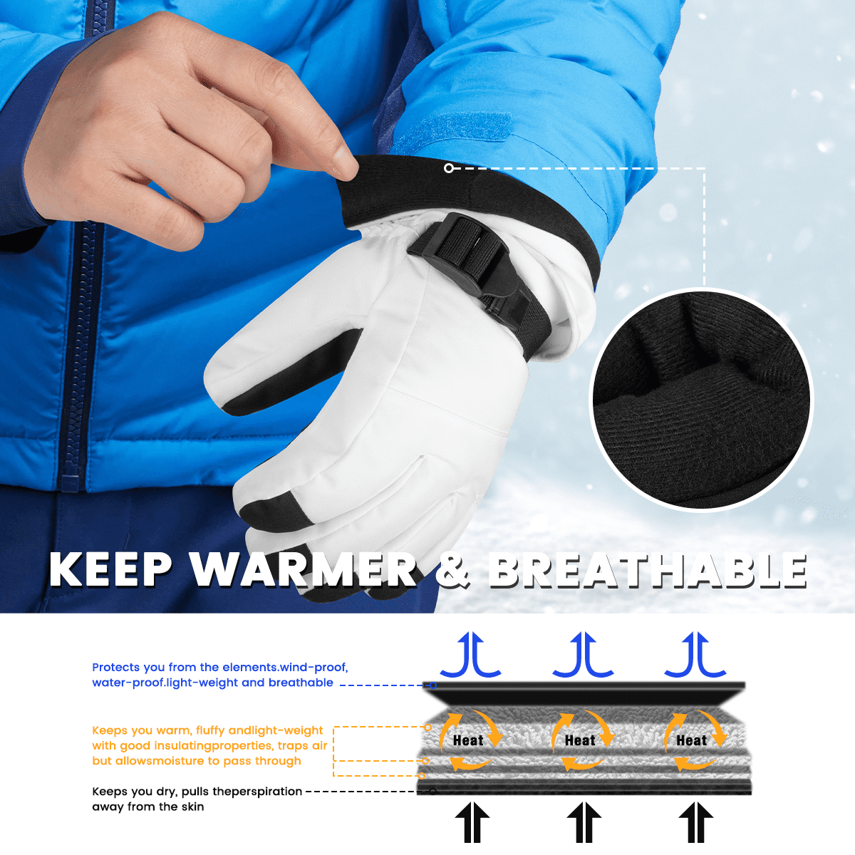 Ski Gloves, Waterproof Touchscreen Snowboard Gloves, Warm Winter Snow Gloves for Cold Weather, Fits Both Men & Women for Driving/Cycling/Running/Hiking(White)
