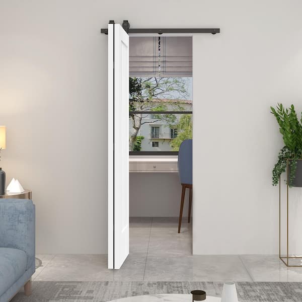 36 in. x 80 in. 1 Panel Shaker Primed MDF Composite Bi-Fold Barn Door with Sliding Hardware Kit