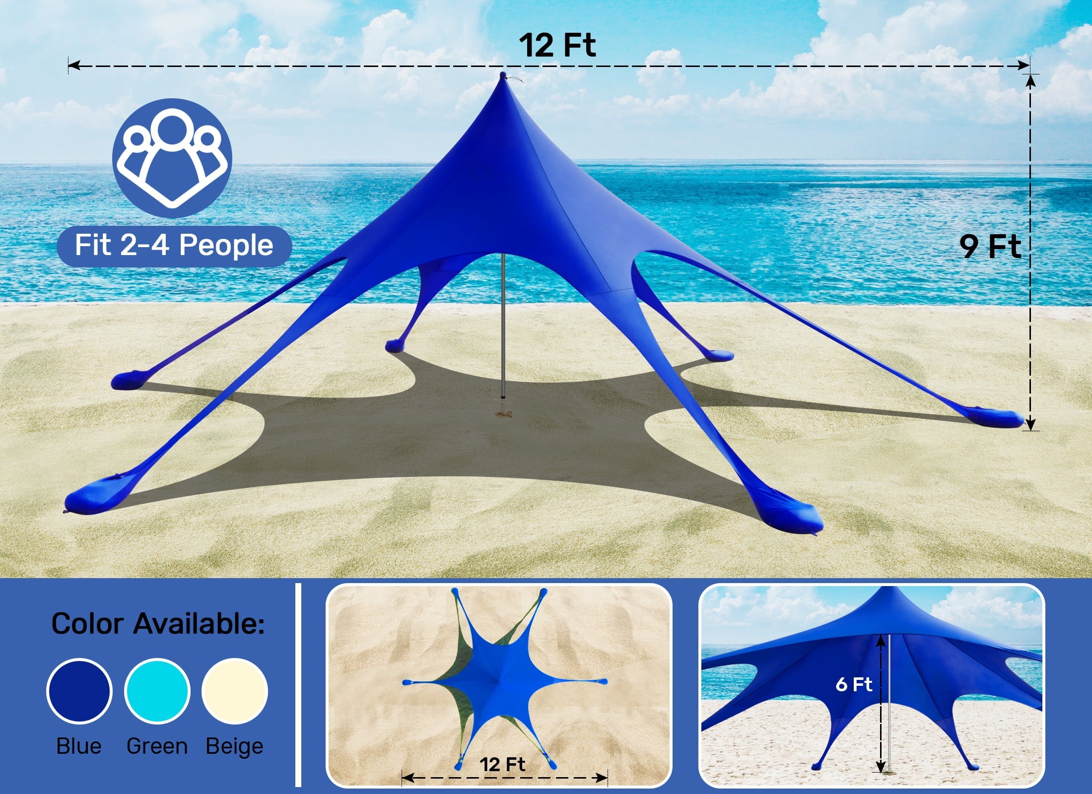 Beach Canopy Tent Sun Shade, VECUKTY 12x12 FT Beach Tent Sun Shelter UPF 50+ UV Protection with Sandbags , 1 Stability Poles and Ground Pegs and Anti-Wind Ropes,Blue