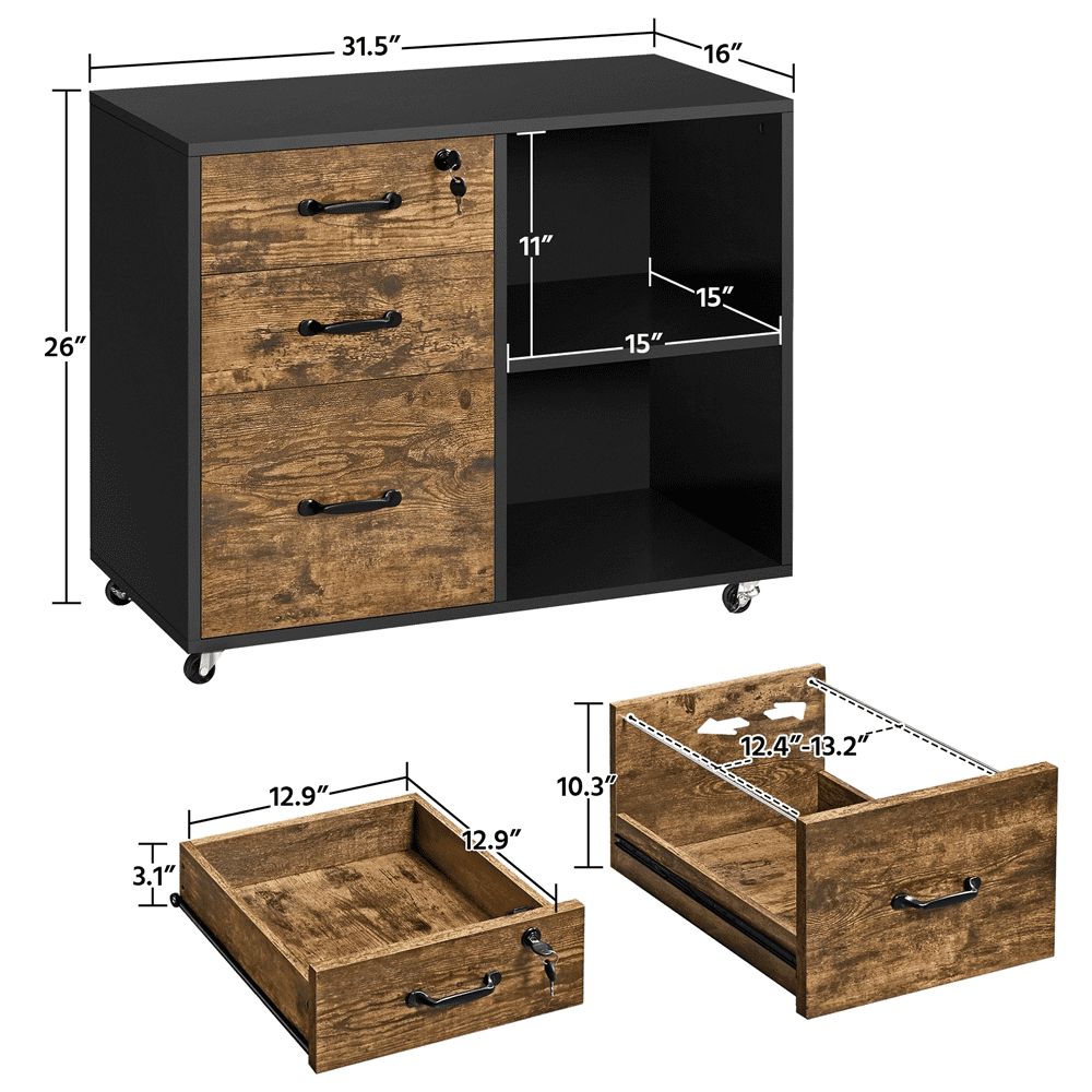 Smile Mart Rolling File Cabinet with 3 Drawers, Black/Rustic Brown