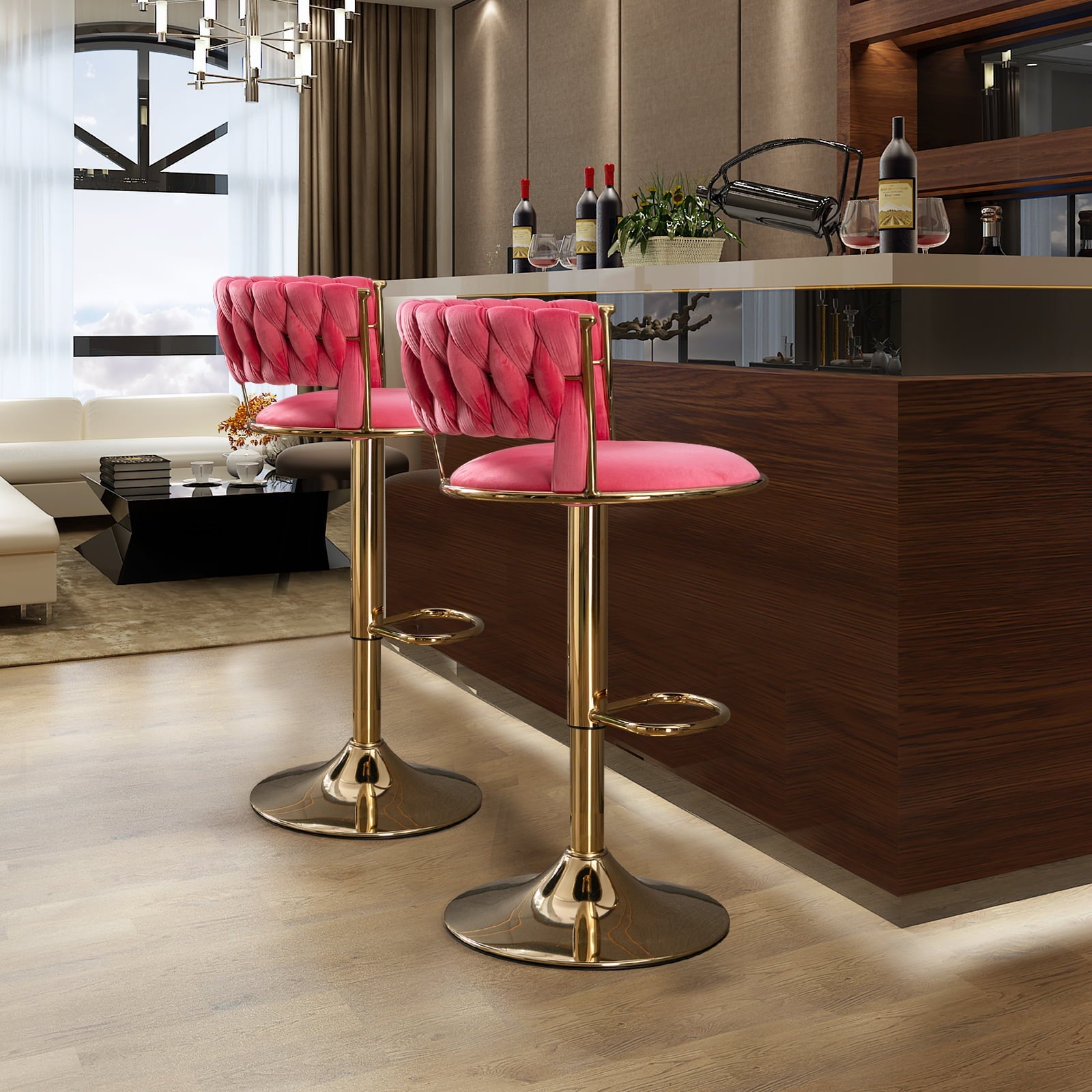 KINFFICT Upholstered Adjustable Swivel Barstool Set of 2, Velvet Bar Height Bar Stools Counter Height Bar Stools, Pink