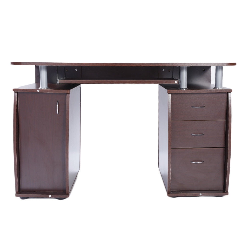 Ktaxon Brown Computer PC Desk Home Office Study Writing Table 3 Drawers Bookcase
