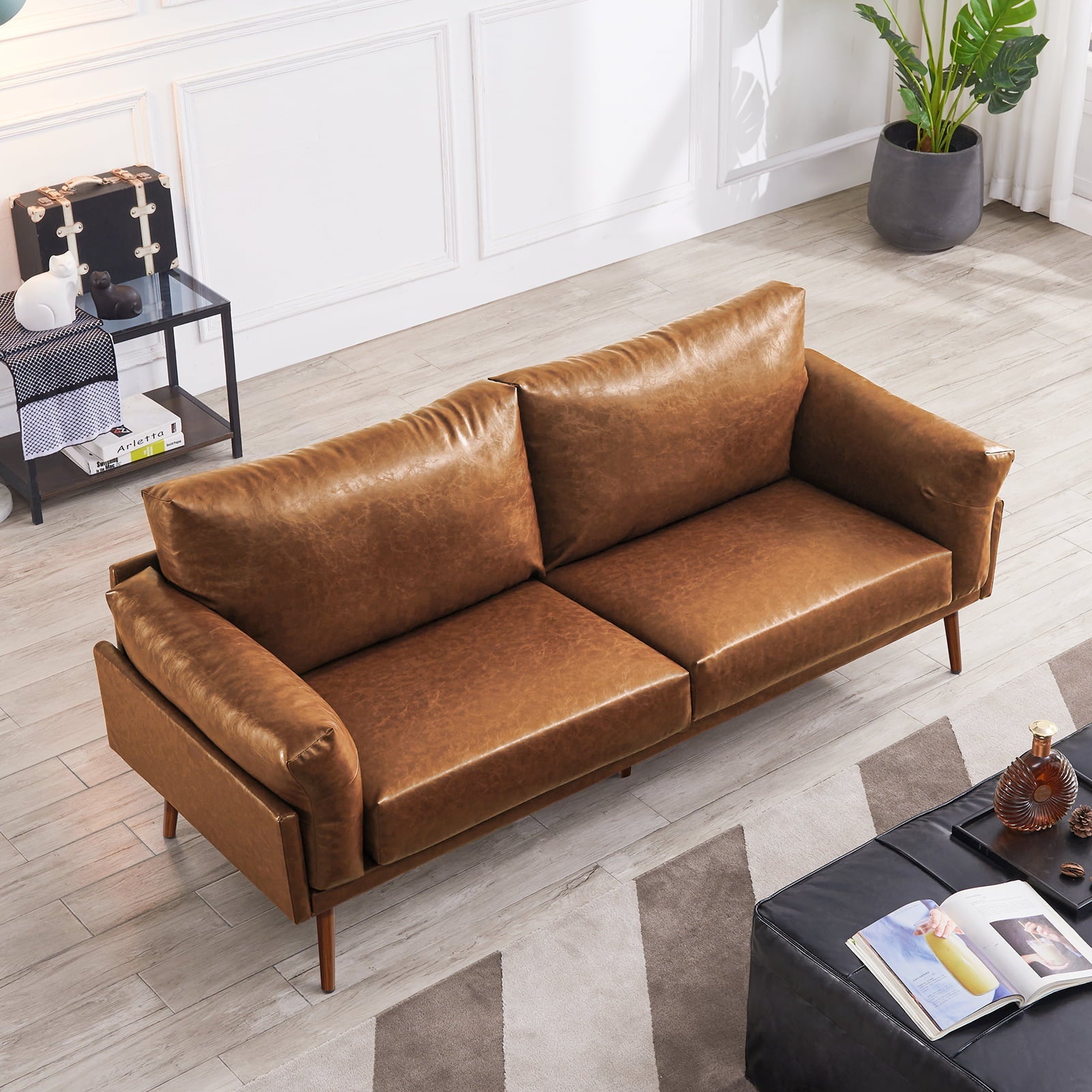 Vonanda Mid Century Modern Sofa Couch, Faux Leather Couch, 3 Seat Couch Soft, 72'' Small Couch for Small Spaces, Sofa for Living room, Compact Apartment, House,Condo, Loft, Bungalow,Brown Sofa,Caramel
