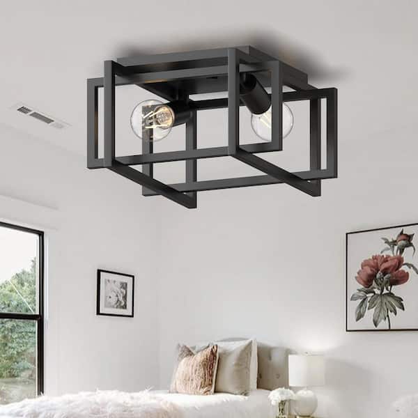 11.5 in. 2-Light Matte Black Square Frame Flush Mount Ceiling Light Fixture, Hallway Light Fixtures Ceiling