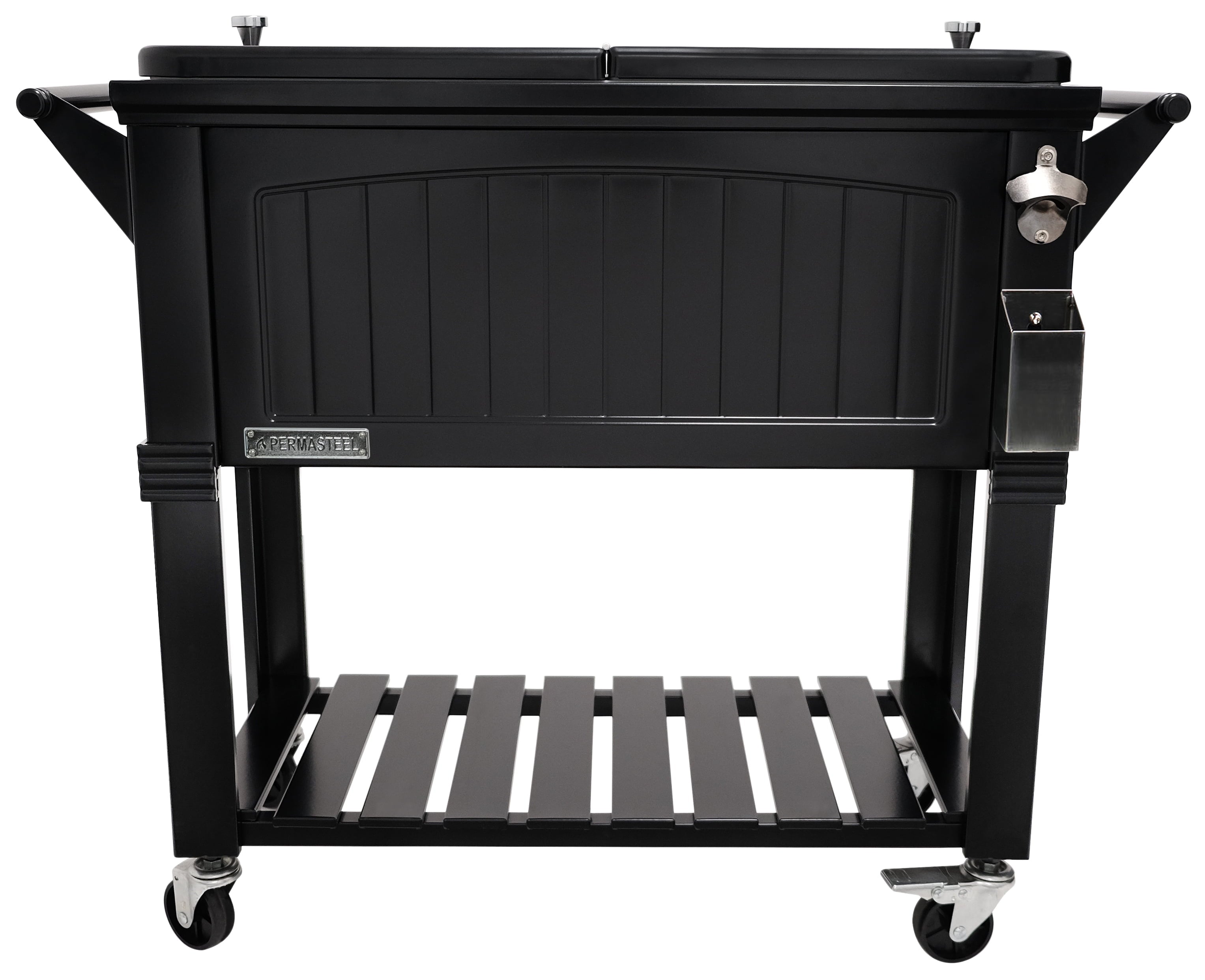 Permasteel 80-Qt Antique Outdoor Steel Patio Cooler on Wheels, Rolling Cooler Cart, Wooden Teak Style, Black