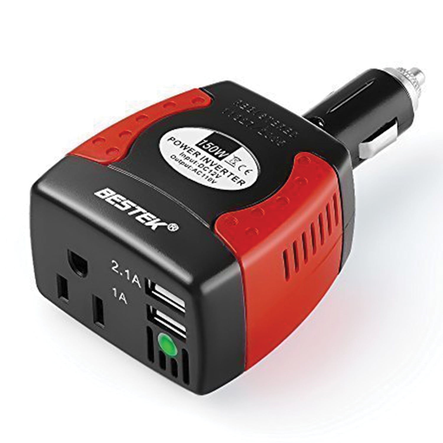 BESTEK MRI1511U 150-Watt 12-Volt DC Plug-in Cigarette Lighter Power Inverter with Fixed Plug Head, 1 AC Outlet, and 2 USB Ports with 3.1 Amps Shared