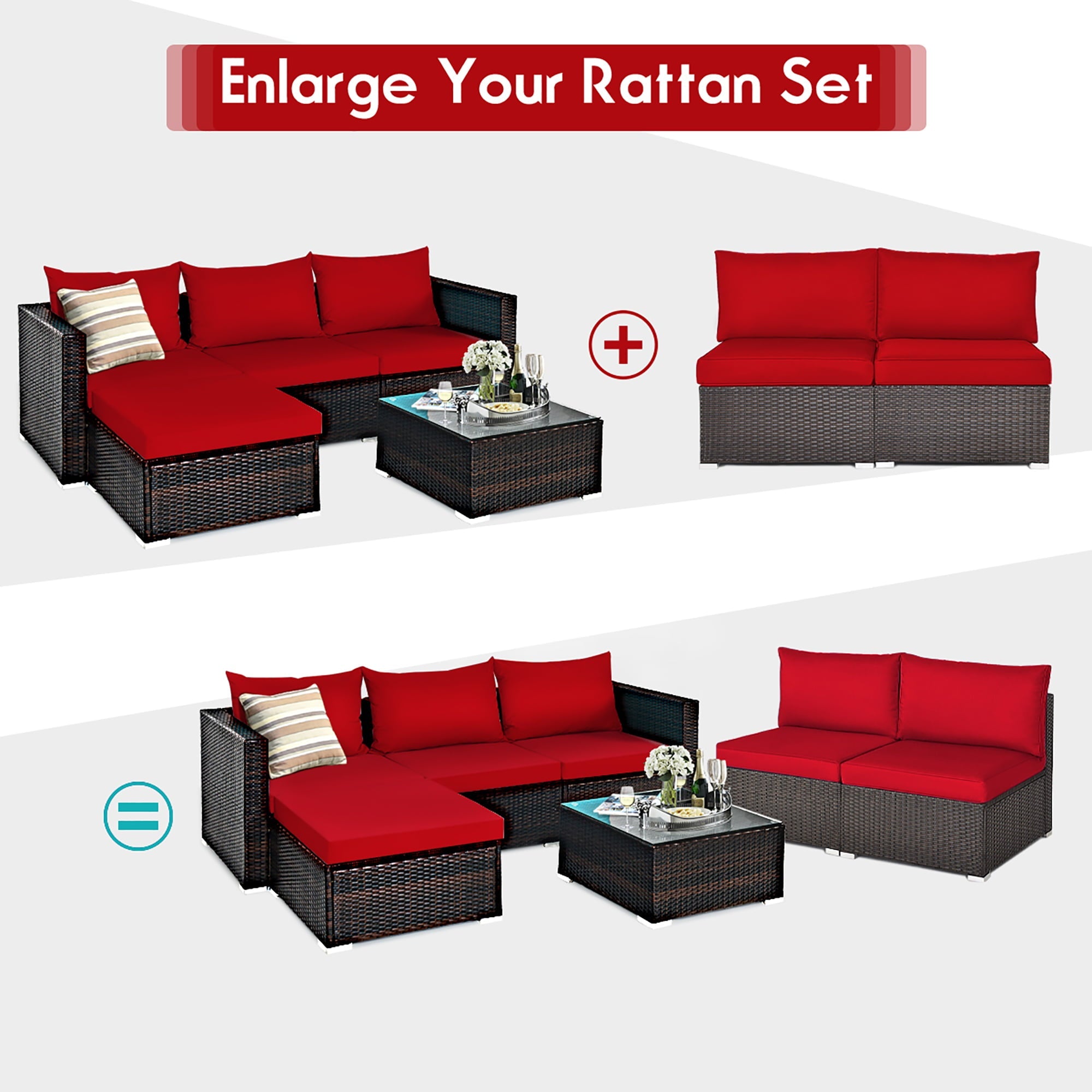 Costway 2PCS Patio Rattan Armless Sofa Sectional Conversation Furniture Set  W/Cushion Red