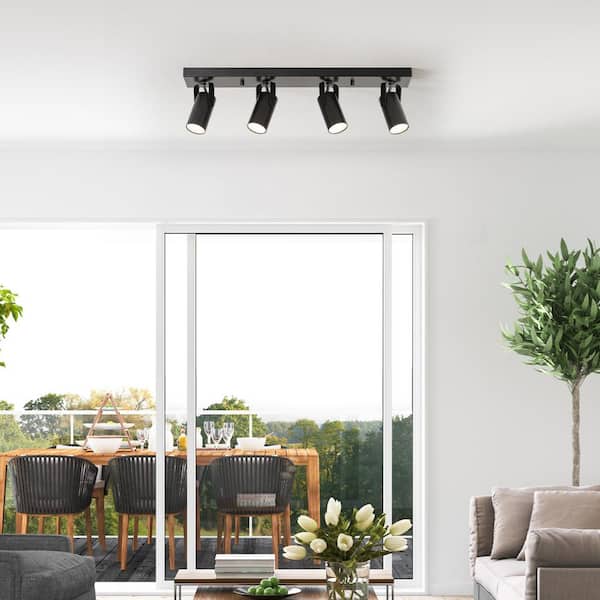 2 ft. 4-Light Matte Black Integrated LED Ceiling Mounted Hardwired Track Lighting Kit with Cylindrical Black Heads